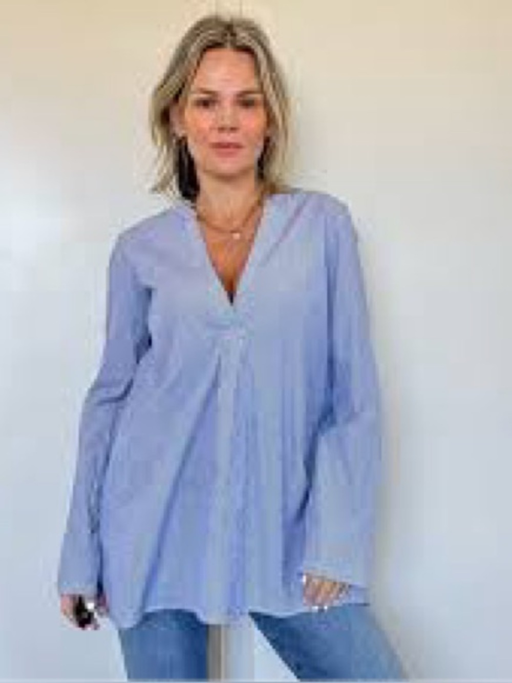 Theory Ofeliah Taff Stripe Blue White Cotton Tunic Blouse Petite P